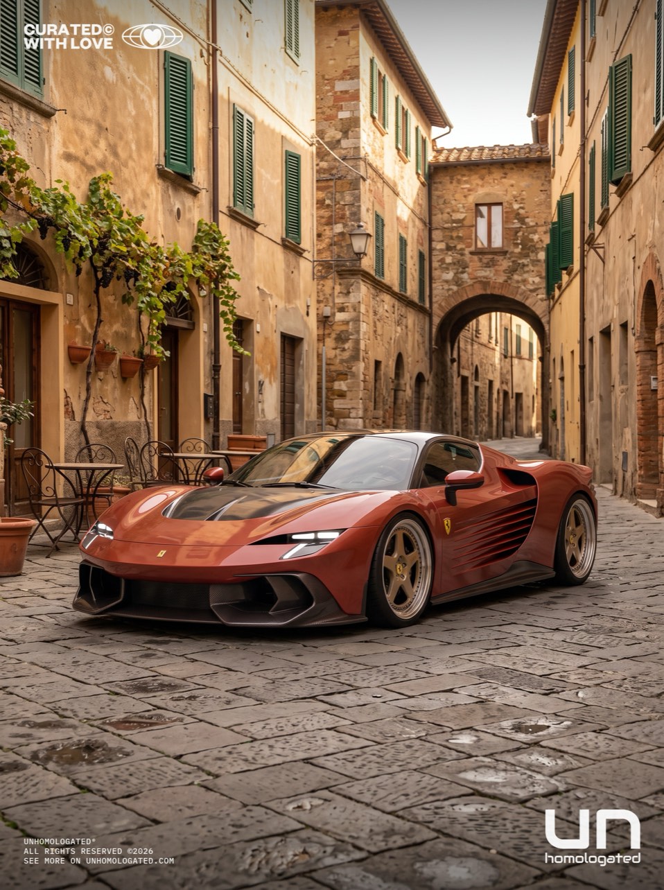 Volume 009. The 348 parked on the cobblestones of a Tuscan hill town.